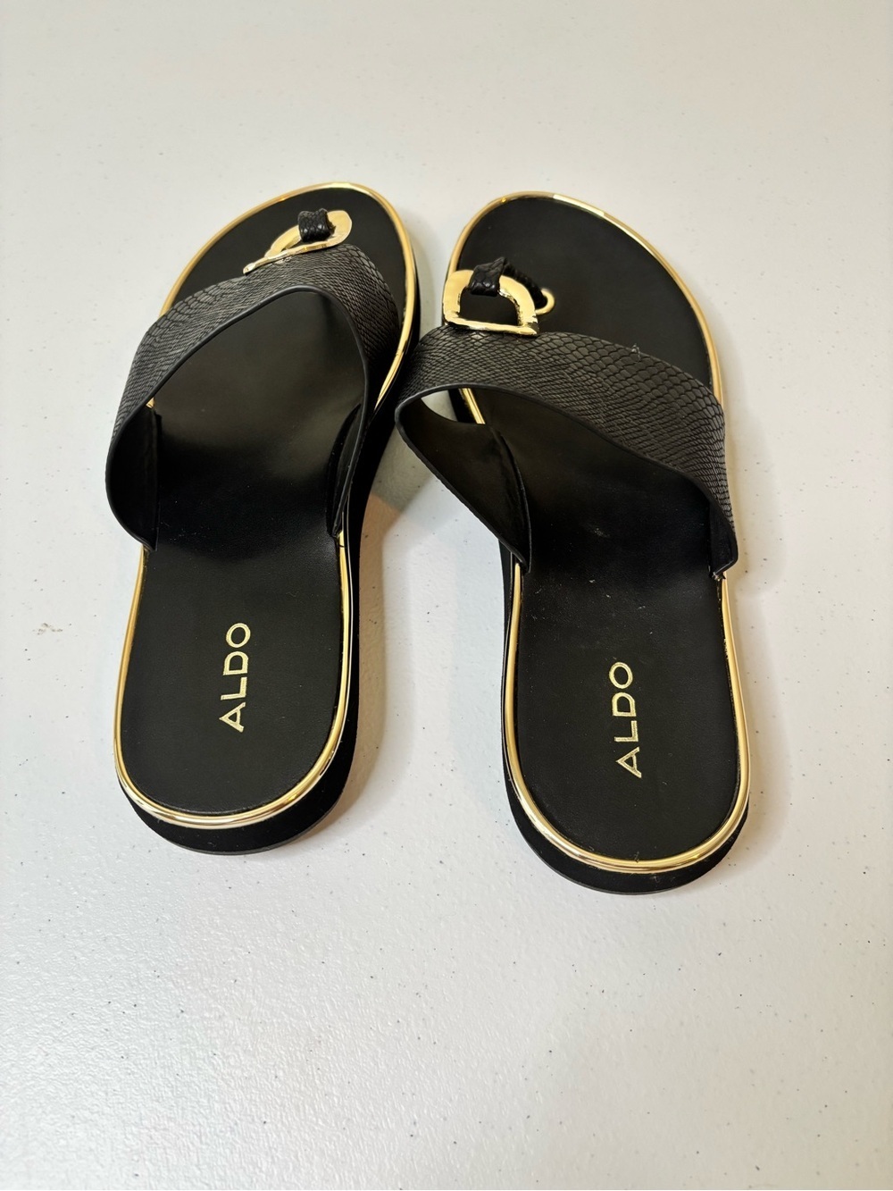 ALDO Black Slide Sandals with Gold Buckle Detail - Picture 4 of 6